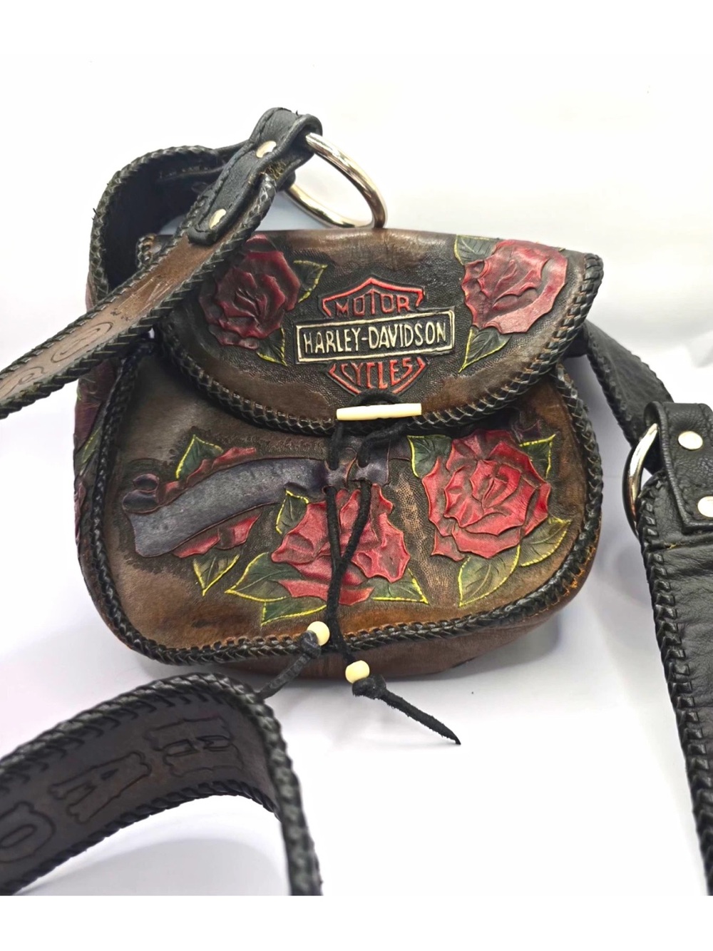 RareHarley-Davidson Women's Brown Leather Crossbody Bag Red Rose hand tooled